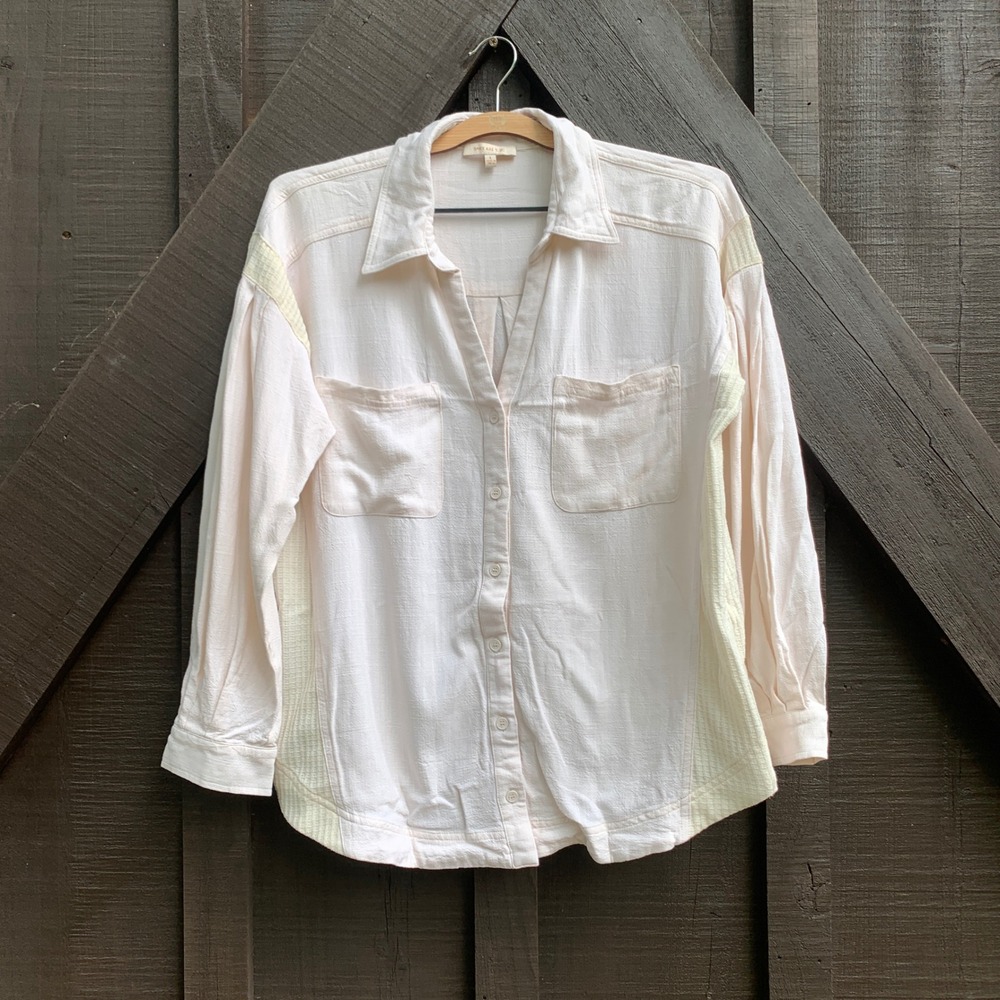 Skies Are Blue Linen Blend Button Up Relaxed Fit Neutral Shirt Large